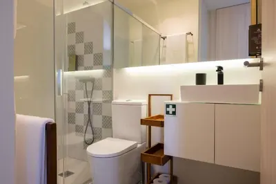 a white bathroom with a toilet and a shower at The Cathedral's Terrace in Porto