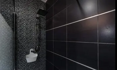 a bathroom with a black tiled shower with a bidet at Silver Duque in Porto