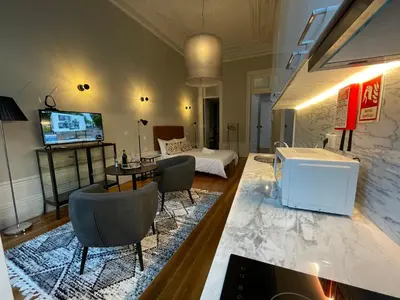 a living room with a television and a living room with a fireplace at Formosa Apartments in Porto