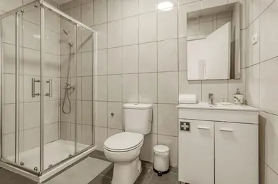 a white bathroom with a toilet and a shower at Travel & Live Aliados Apartment in Porto