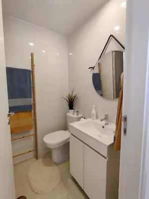 a bathroom with a toilet and a sink and a mirror at Cais de Gaia Historic Loft in Vila Nova de Gaia