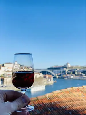 a person holding a glass of wine with a view at Douro Eiffel Bridge Amazing View in Vila Nova de Gaia