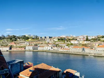 a view of a city with a river and buildings at Douro Eiffel Bridge Amazing View in Vila Nova de Gaia