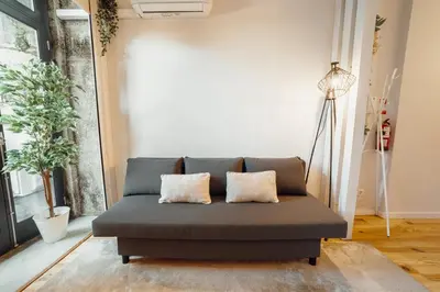 a couch in a living room with two pillows on it at Apartamento Luminoso no Centro in Porto