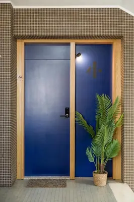 a blue door with a plant in front of it at Alvaro´s Loft Downtown in Porto