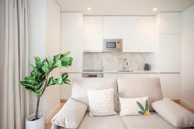 a white living room with a couch and a plant at Liiiving in Porto - City Design Apartments in Porto