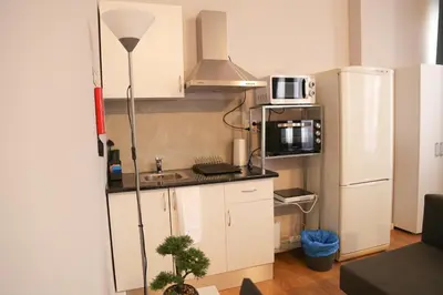 a small kitchen with a sink and a refrigerator at Bonsai Apartment II in Porto