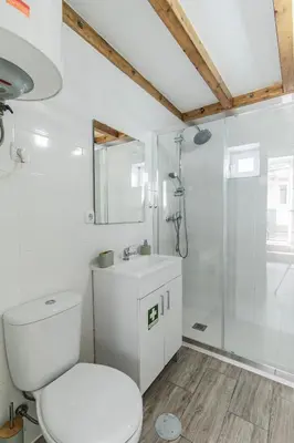 a white bathroom with a toilet and a shower at Casa das Virtudes, Lapa - Estadia no coração do Porto in Porto
