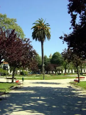a park with benches and a palm tree at Hey Porto Apartment in Porto