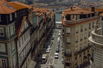 an aerial view of a city street with buildings at Downtown Penthouse With River View by Vacationy in Porto