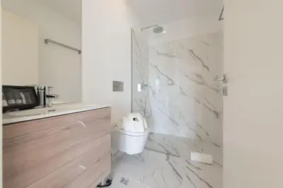 a white bathroom with a toilet and a shower at BmyGuest - São Vitor Balcony Apartment in Porto