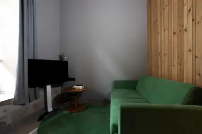 a living room with a green couch and a television at ICON Duplo Ribeira in Porto
