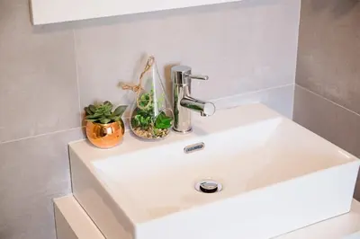a white bathroom sink with two plants on it at Chimney Luxury House with AC in Porto