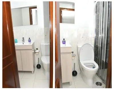 two pictures of a bathroom with a toilet and a sink at Casa do Mirante in Porto
