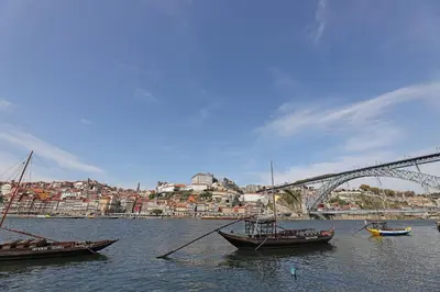 a group of boats in the water near a bridge at FLH Gaia Homey Winery Flat in Vila Nova de Gaia