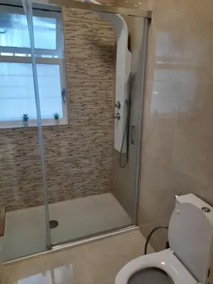 a bathroom with a shower with a toilet and a window at Cozy Central 3 Bedrooms Bragas in Porto