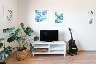 a living room with a tv on a white cabinet with plants at Dream Views of Porto - Private Apt in Gaia by Lisbeyond in Vila Nova de Gaia