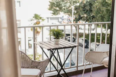 a table on a balcony with a plant on it at Apartamento Santos Pousada in Porto