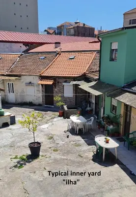 a group of buildings with tables in a courtyard at KirasHouse in Porto