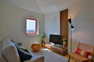 a living room with a couch and a television at 4CITY FLAT CAMARÃO in Porto