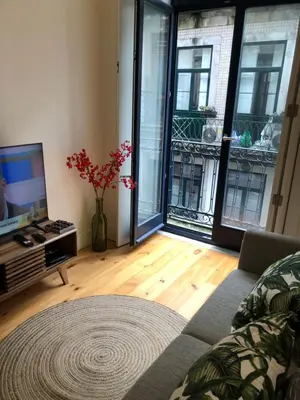 a living room with a couch and a television at Central charming apartment in Porto