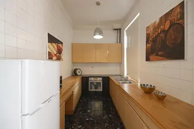 a kitchen with a sink and a refrigerator at FLH Porto Classic Apartment with Terrace & Parking in Porto
