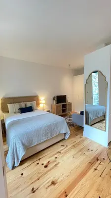 a bedroom with a large bed and a mirror at Sol Garden in Porto