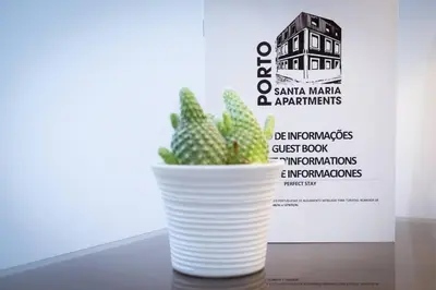 a white vase with a plant in front of a sign at Porto Santa Maria Apartments in Porto