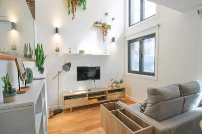a living room with a couch and a tv at Porto Trindade Triplex in Porto