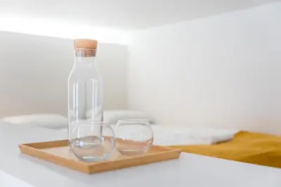 a bottle and two glasses on a wooden tray at Oporto Cozy Flats in Porto
