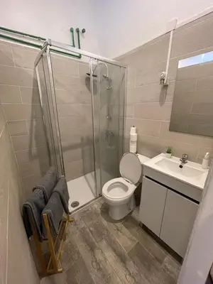 a bathroom with a shower and a toilet and a sink at Guesthouse Franco in Porto